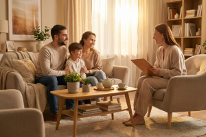 Parents and child talking together on a sofa