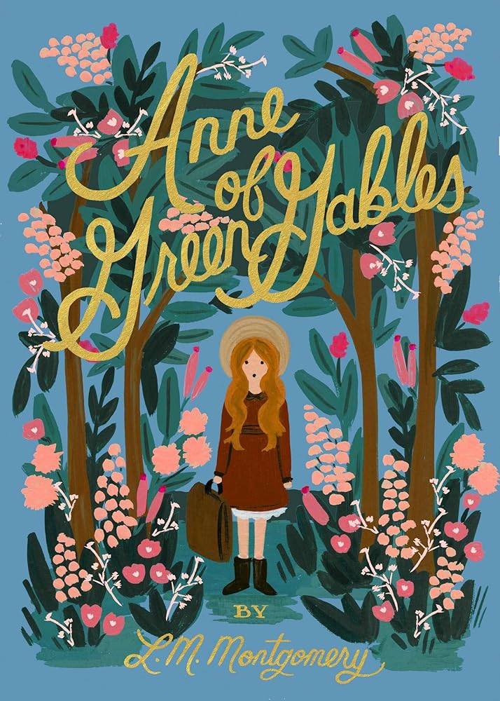 Book cover for Anne of Green Gables: a girl with long red hair in a brown dress and boots stands among pink flowers and green trees, holding a brown suitcase, with the gold title text at the top.
