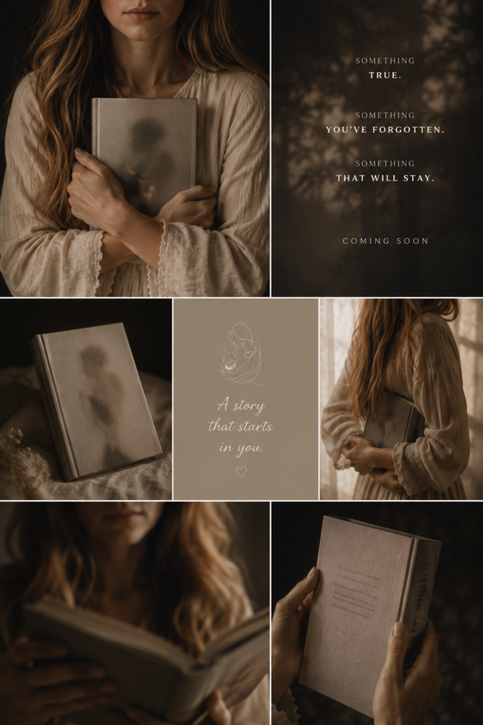 A woman in a cream blouse hugs a hardcover book in a warm, sepia-toned collage.