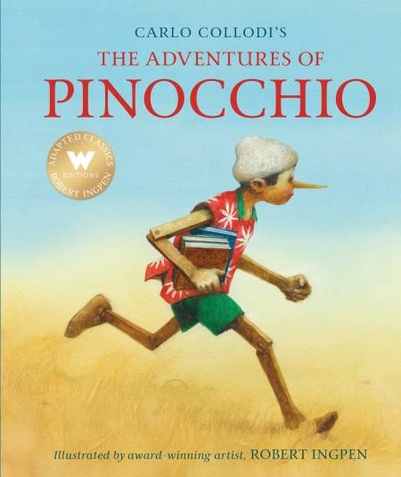 Cover of The Adventures of Pinocchio showing Pinocchio running with books under his arm against a blue sky background.