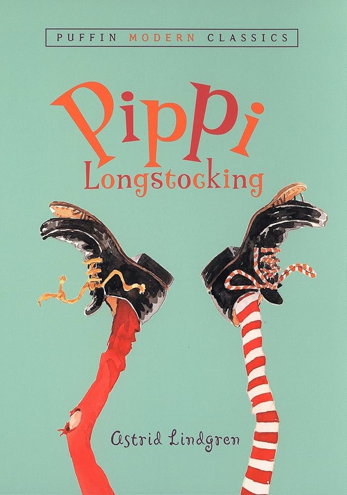 Cover of the Puffin Modern Classics edition of Pippi Longstocking by Astrid Lindgren on a teal background.