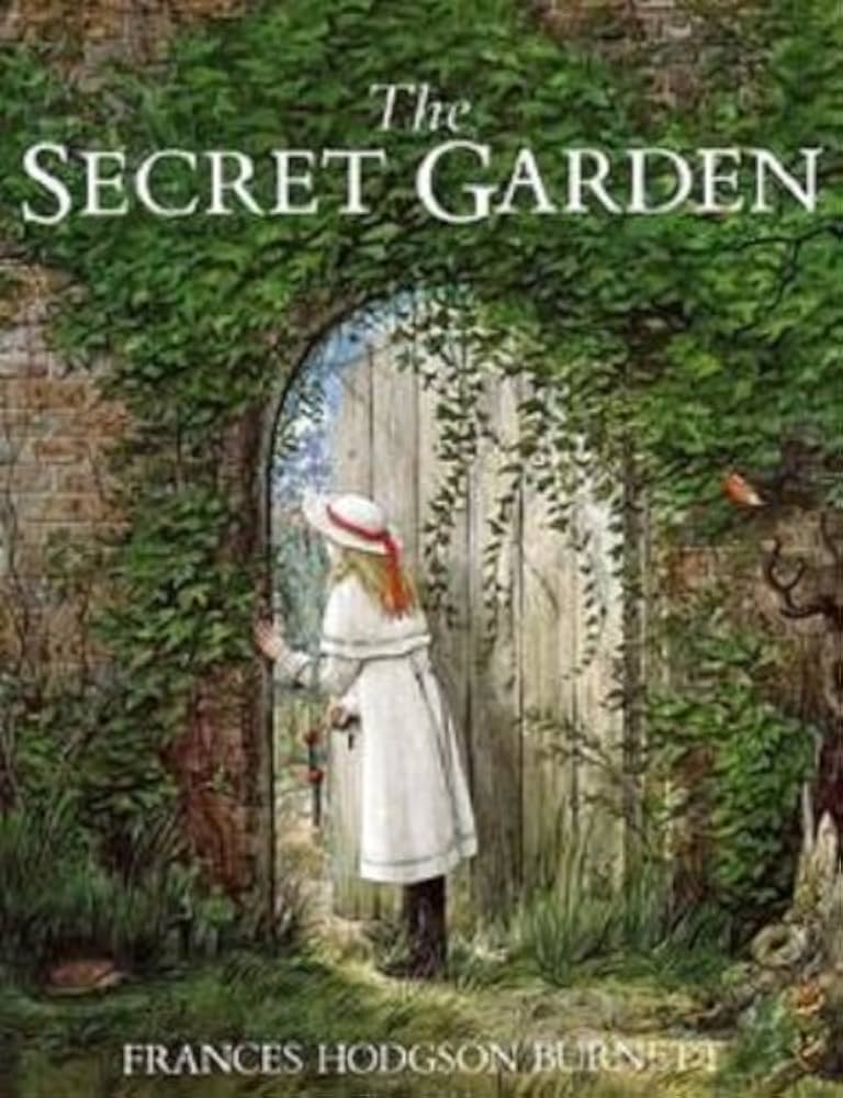 Book cover for The Secret Garden showing a girl in a white dress and hat entering a ivy-covered archway into a garden