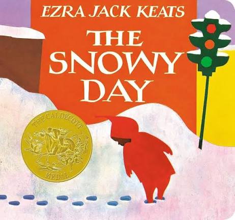 Book cover for The Snowy Day by Ezra Jack Keats, showing a child in a red snowsuit walking in the snow with footprints and a green traffic light nearby (Caldecott Medal seal).