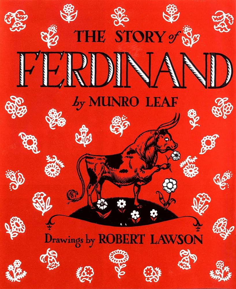 Red cover of 'The Story of Ferdinand' featuring a bull standing on a small hill with flowers and bold title text at top