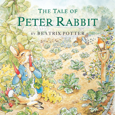 Book cover for The Tale of Peter Rabbit by Beatrix Potter, showing Peter Rabbit in a blue jacket nibbling a carrot in a leafy vegetable garden.