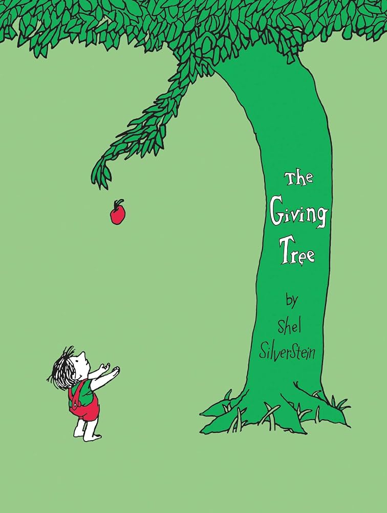 Cover illustration of The Giving Tree by Shel Silverstein: a green tree with a child reaching for a falling red apple.