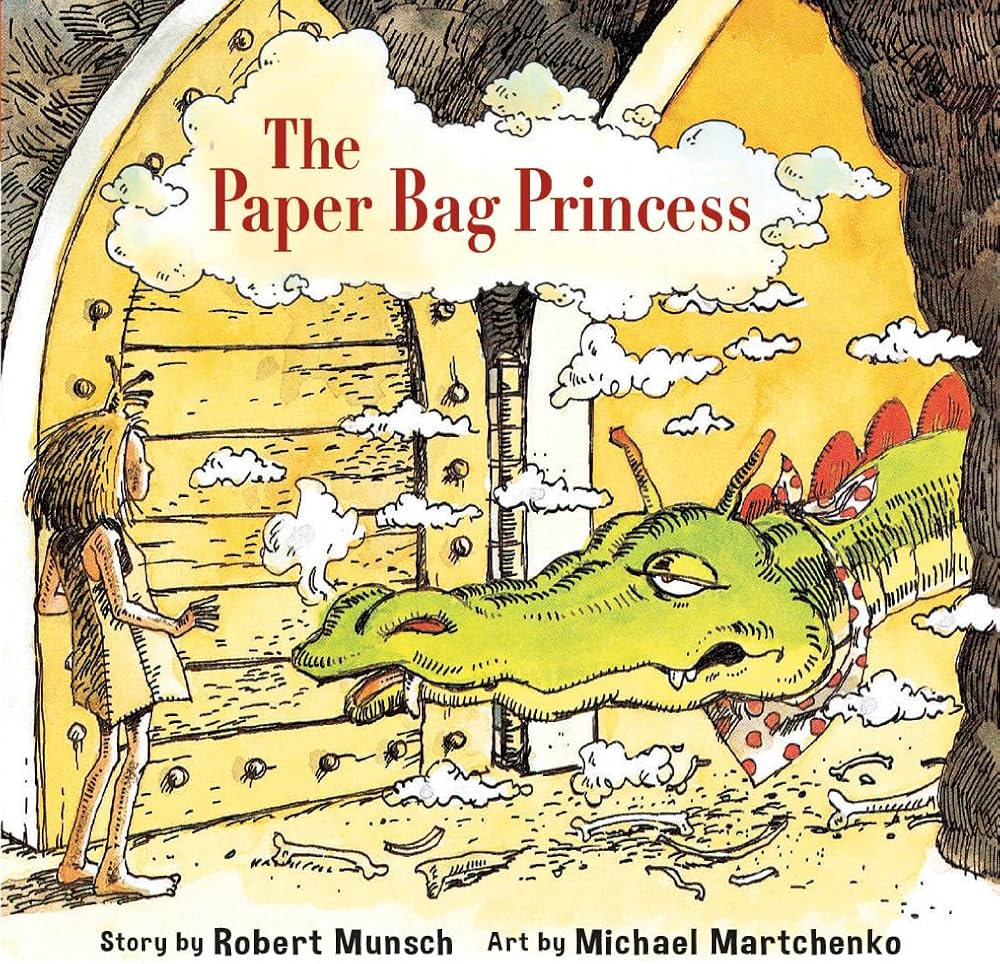 Cover of 'The Paper Bag Princess': a girl in a paper bag dress stands before a sleeping green dragon by a wooden door, title overhead.