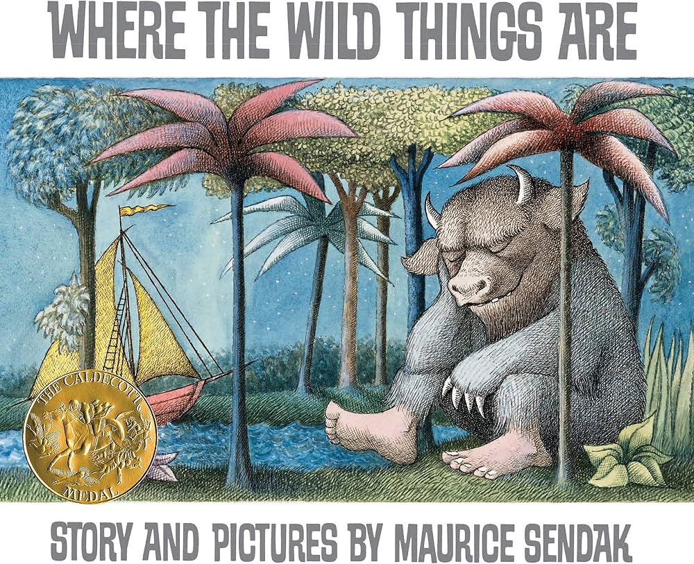 Cover image of Where the Wild Things Are by Maurice Sendak: a gray, friendly-looking monster sits by a river among palm trees, with a gold medal in the foreground.]','Maurice Sendak's Where the Wild Things Are book cover showing a large creature resting beside a river among trees, with a sailing boat nearby and a medal