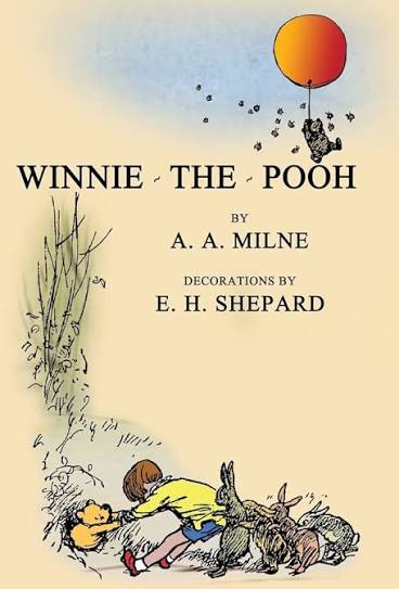 Book cover for Winnie the Pooh by A. A. Milne on a yellow background, with a red balloon and a child reaching toward animal friends at bottom.