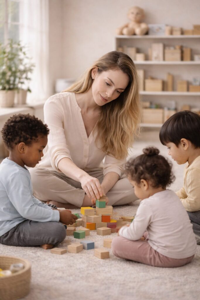 Playing with building blocks together with children